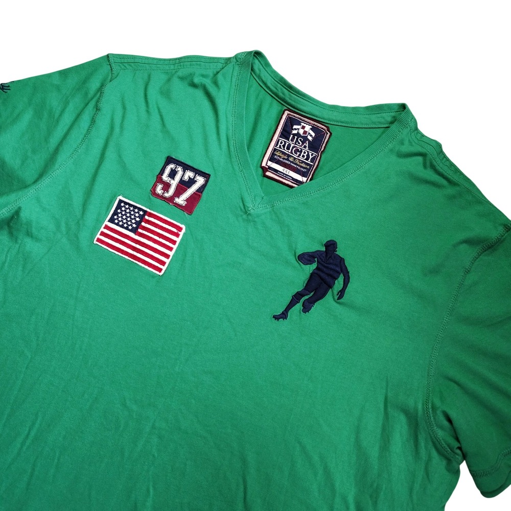 USA Rugby V-Neck T-Shirt Mens 4XL (Fits 2XL) Green Embroidered Patches 97 Flag